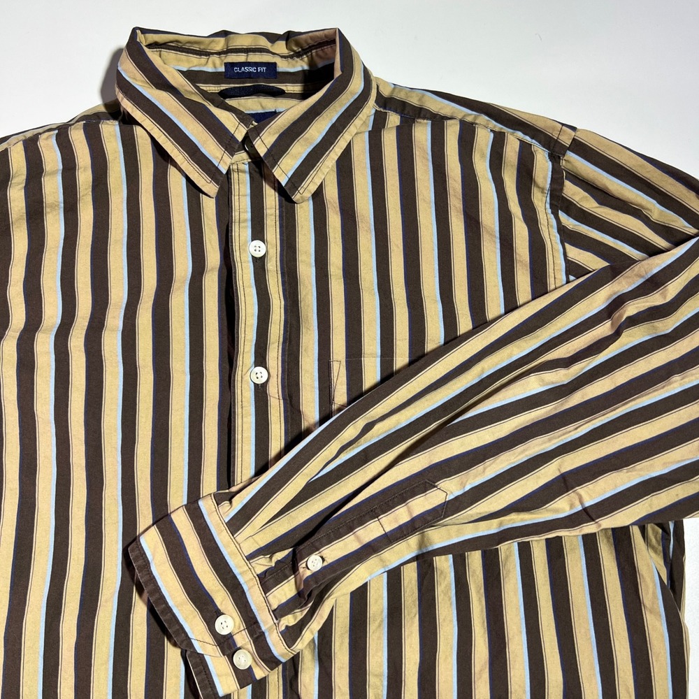 GAP Men's Classic‎ Fit Striped Button Up Shirt Brown Beige Y2K VTG 2000s Size M